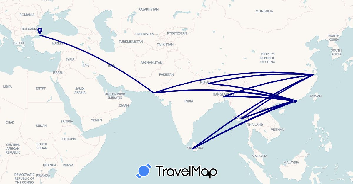 TravelMap itinerary: driving in Bangladesh, China, Sri Lanka, Myanmar (Burma), Nepal, Pakistan, Turkey (Asia)